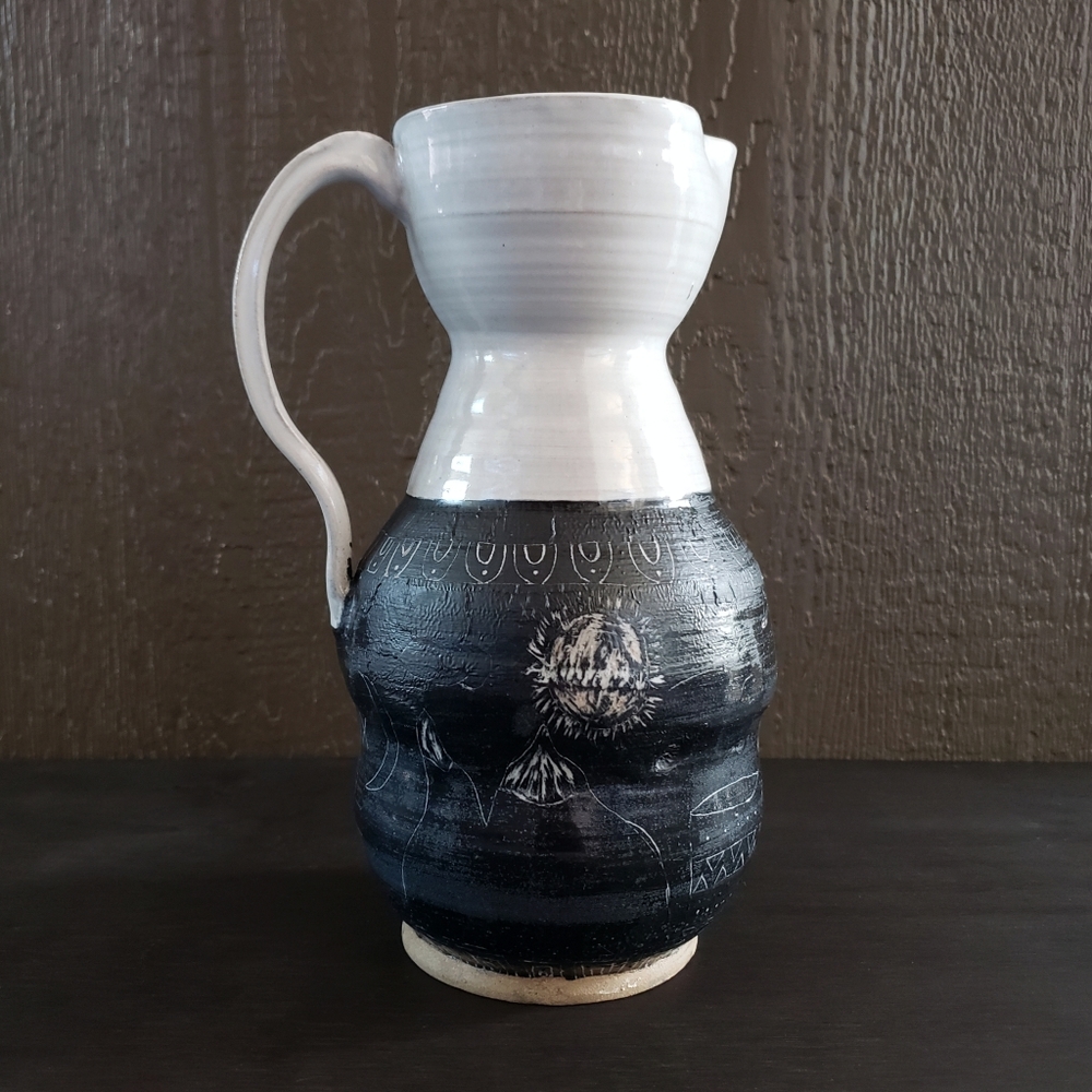 Vintage Signed Quirky Patterned Large Folk Art Pottery Ceramic Pitcher Jug